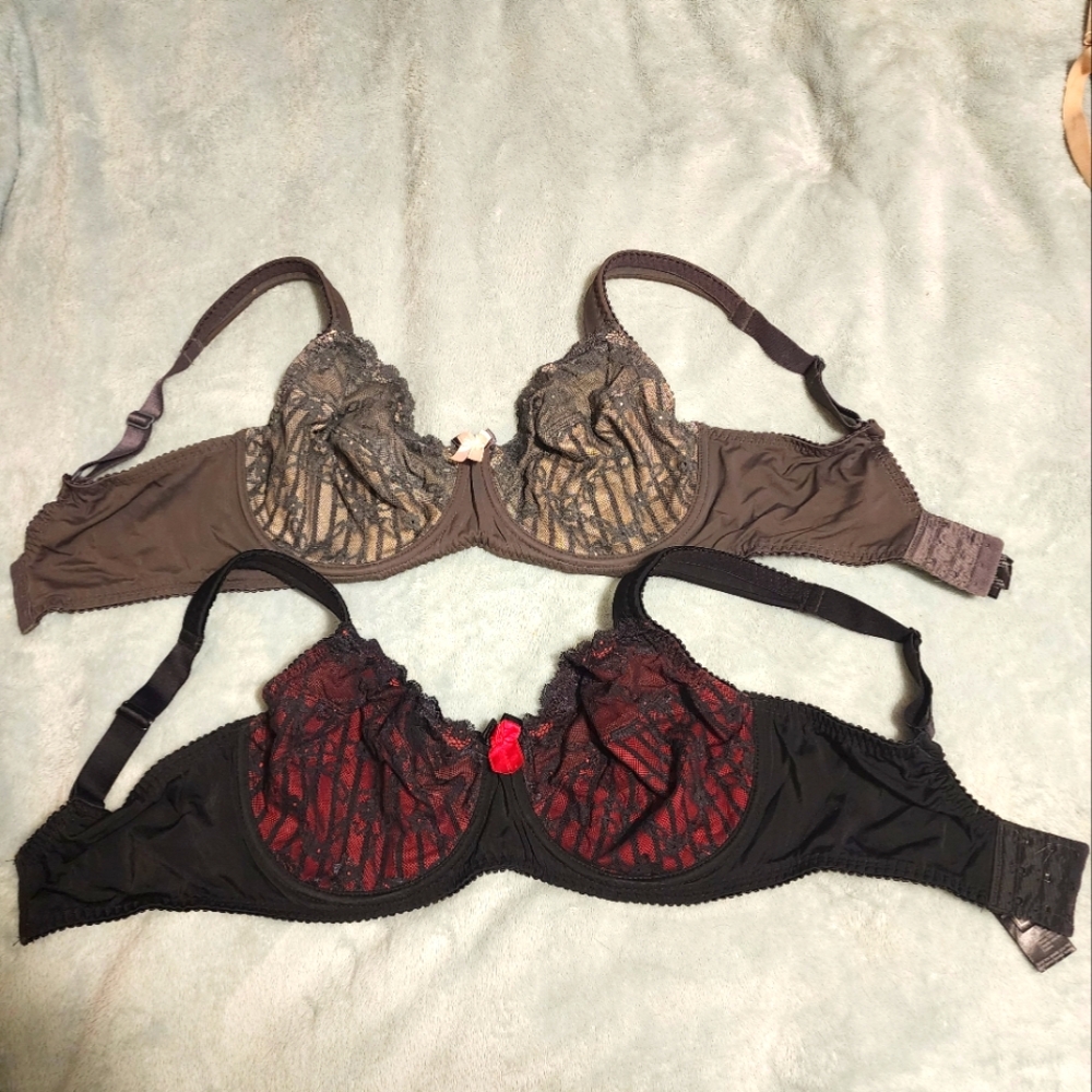 TWO Elegant Lace Women's Bra Set - Black/Red and Grey/Brown
